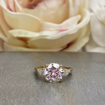 Round Cut Moissanite Engagement Ring, April Birthstone Ring, Three Stone Engagement Ring, Ladies Wedding Ring, Infinity Jewelers USA #6671