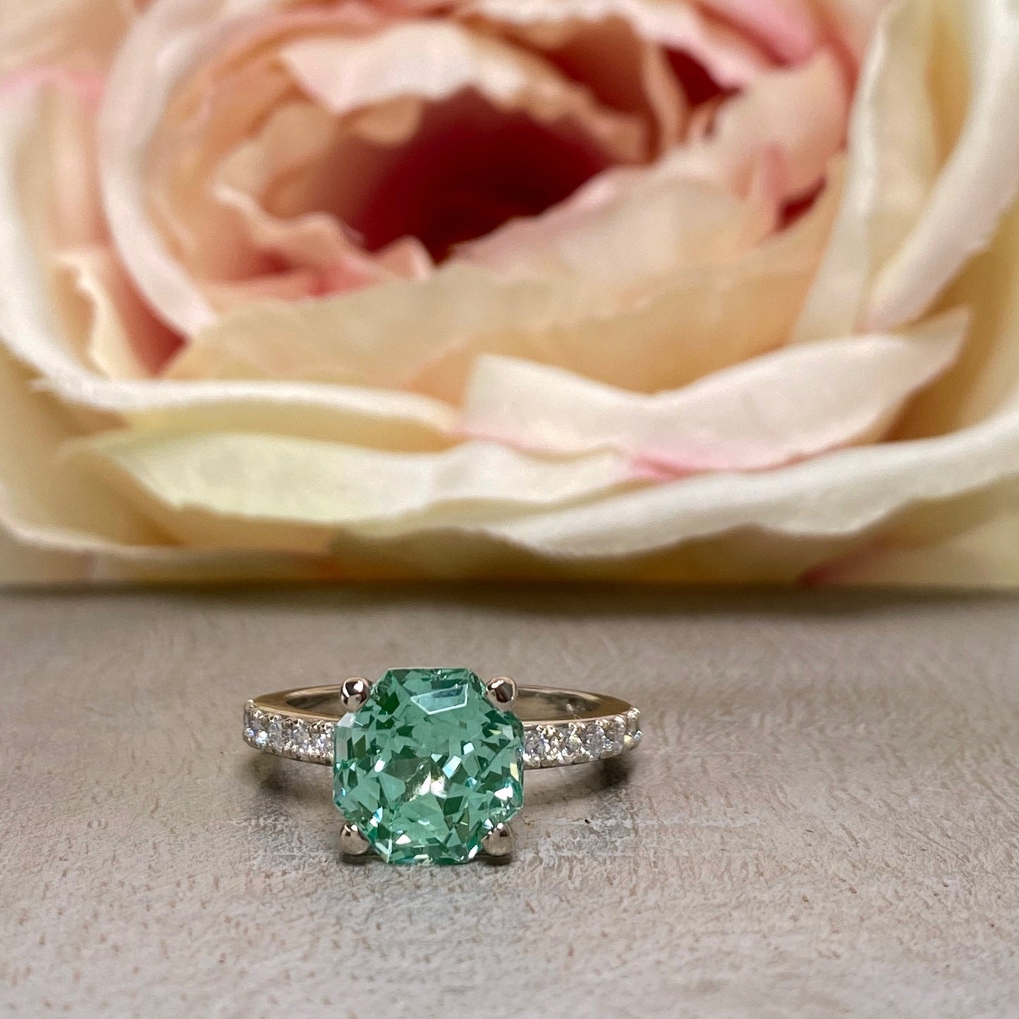 Green Paraiba Tourmaline Engagement Rings 14k Solid White Gold,  Unique Round Cut Solitaire Engagement Ring For Women, Green Stone Ring 7220