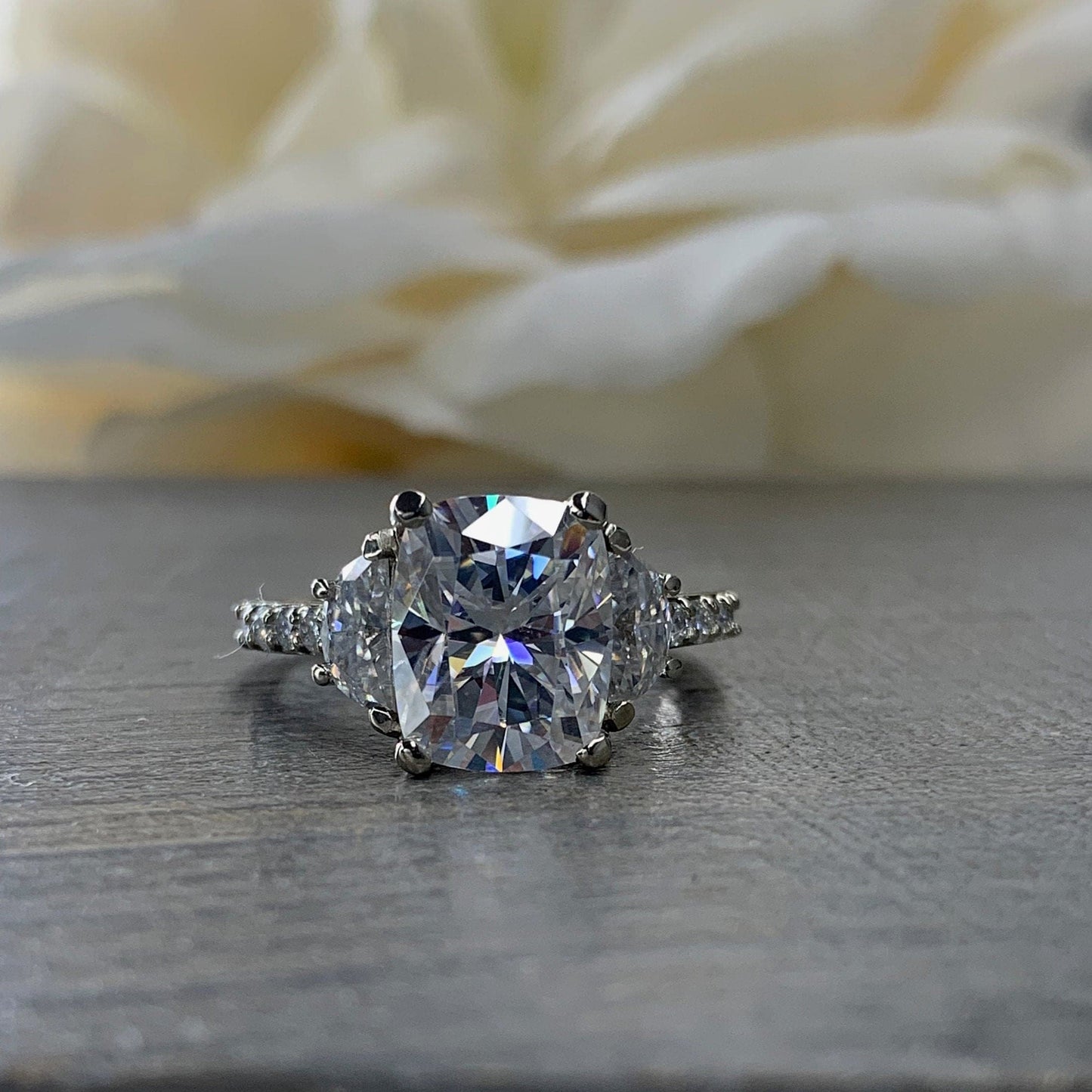 Elongated Cushion Cut Moissanite Engagement Ring 14K White Gold, Forever One Moissanite Engagement Rings For Women, Three Stone Rings, #7200