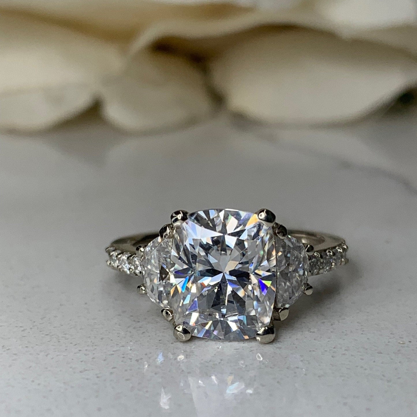 Elongated Cushion Cut Moissanite Engagement Ring 14K White Gold, Forever One Moissanite Engagement Rings For Women, Three Stone Rings, #7200