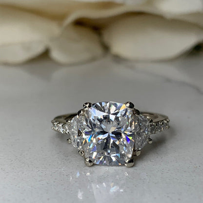 Elongated Cushion Cut Moissanite Engagement Ring 14K White Gold, Forever One Moissanite Engagement Rings For Women, Three Stone Rings, #7200