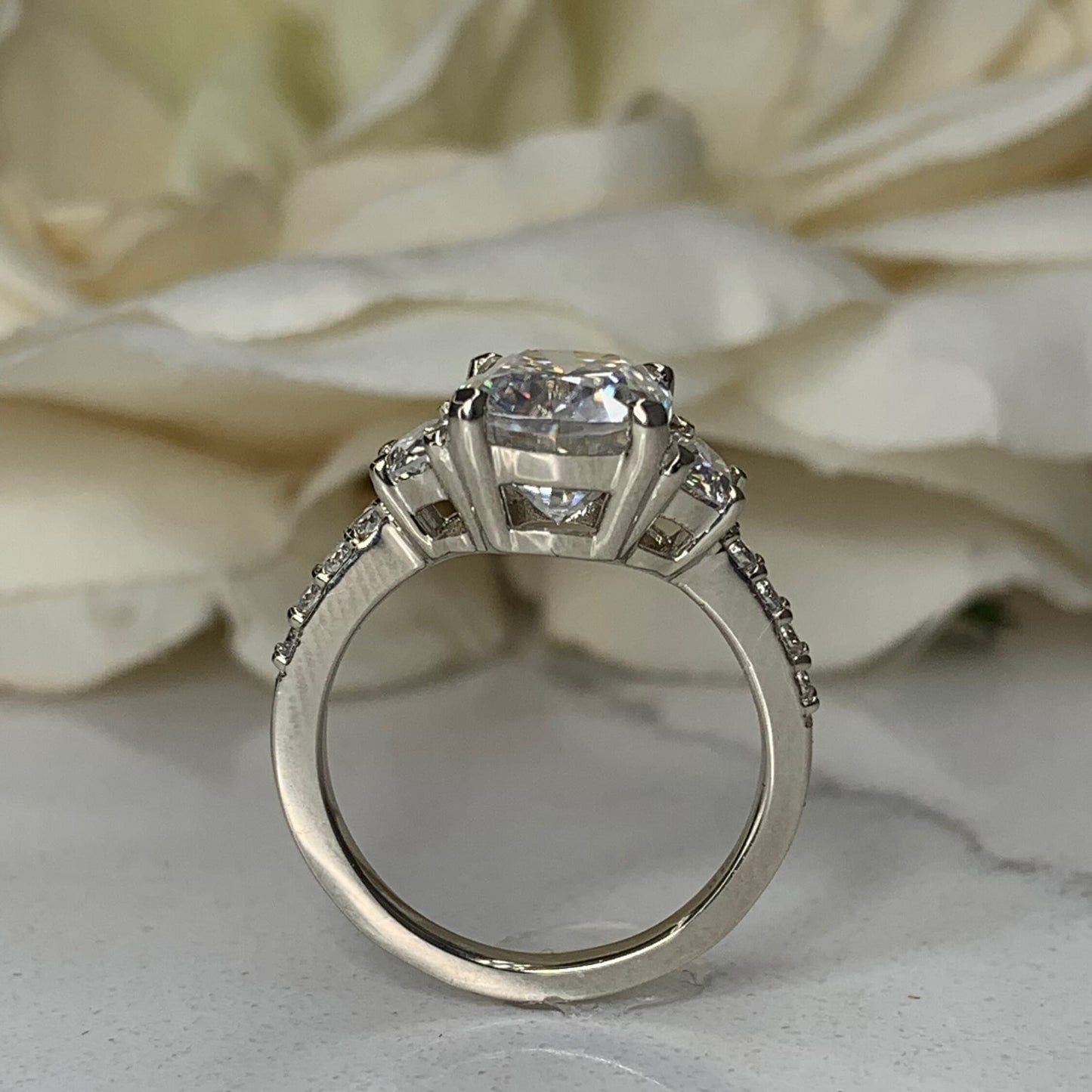 Elongated Cushion Cut Moissanite Engagement Ring 14K White Gold, Forever One Moissanite Engagement Rings For Women, Three Stone Rings, #7200