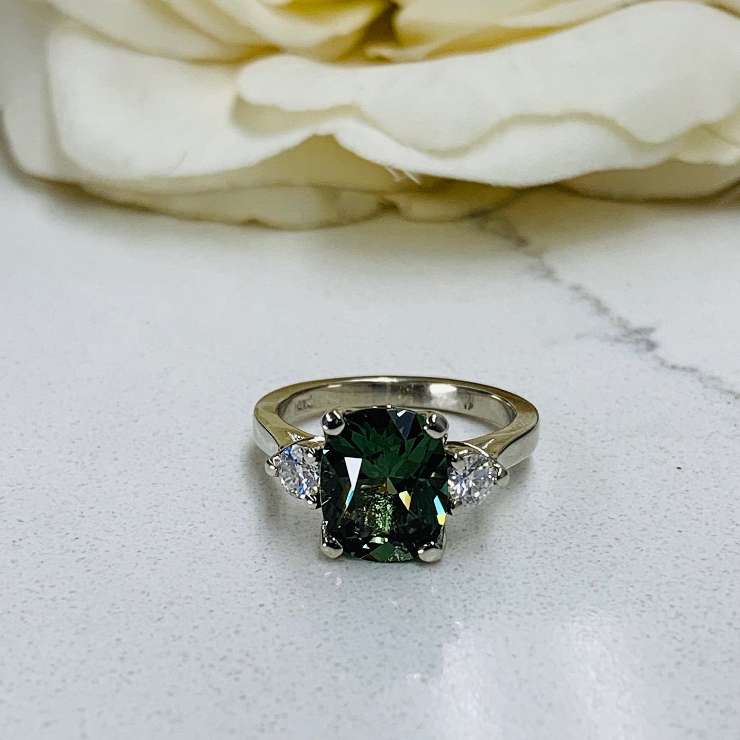 Cushion Cut Olive Green Sapphire Engagement Rings For Women 14K Solid White Gold, Unique Forest Green Sapphire Engagement Rings Gold,  #7199