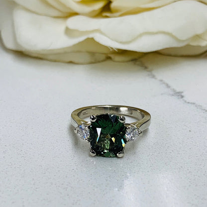 Cushion Cut Olive Green Sapphire Engagement Rings For Women 14K Solid White Gold, Unique Forest Green Sapphire Engagement Rings Gold,  #7199