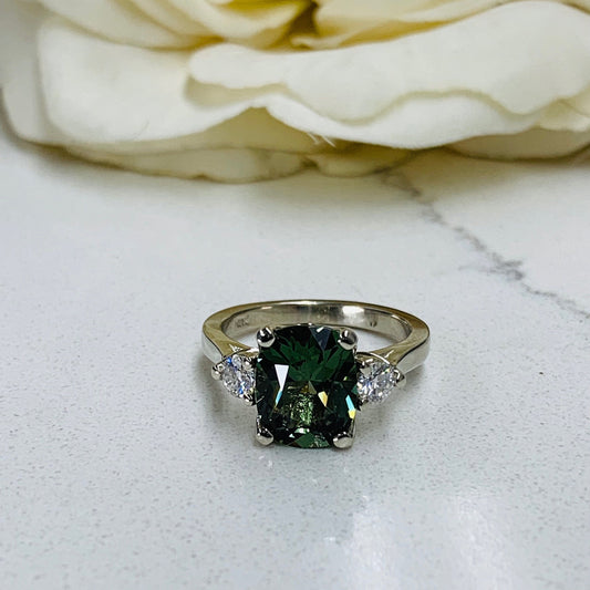 Cushion Cut Olive Green Sapphire Engagement Rings For Women 14K Solid White Gold, Unique Forest Green Sapphire Engagement Rings Gold,  #7199