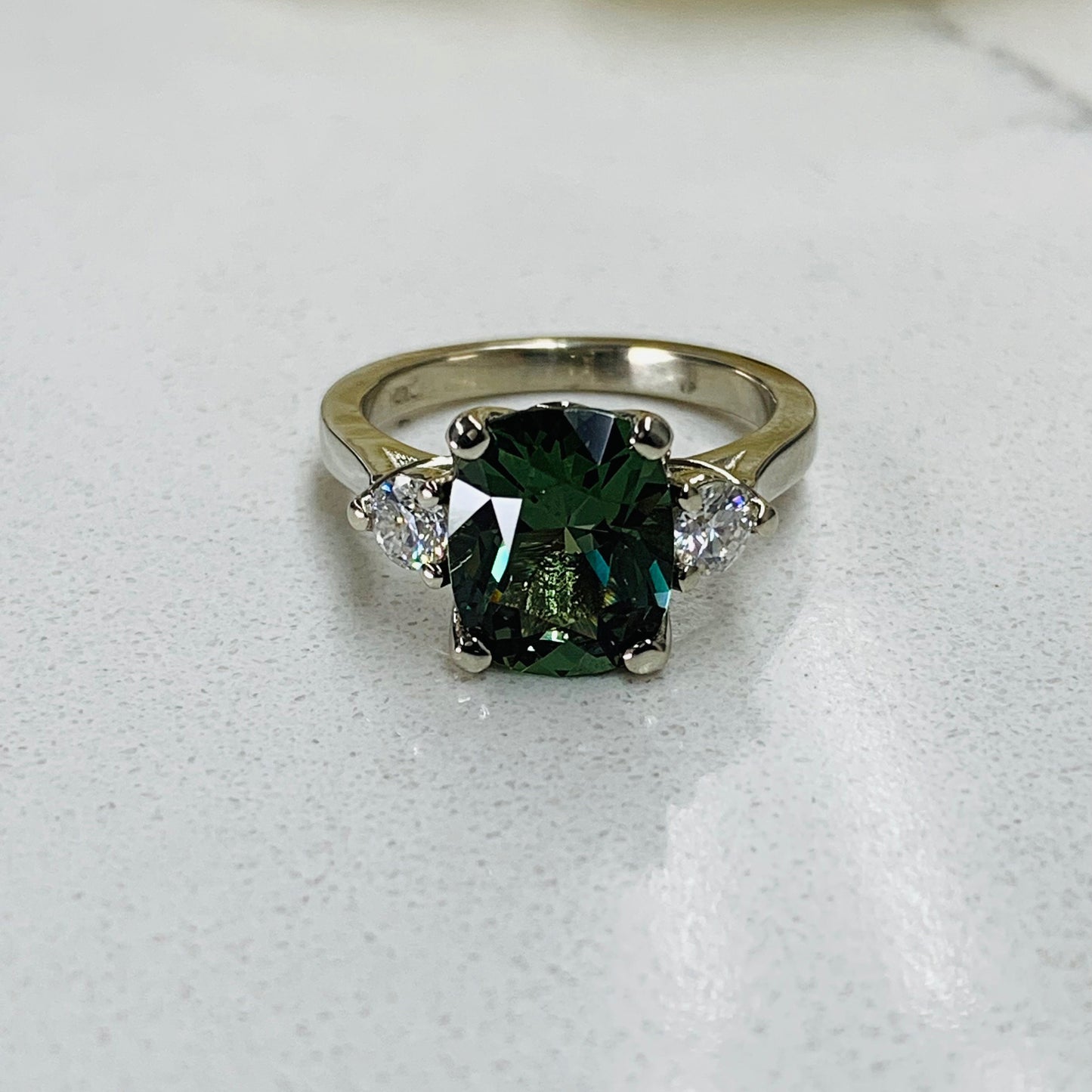 Cushion Cut Olive Green Sapphire Engagement Rings For Women 14K Solid White Gold, Unique Forest Green Sapphire Engagement Rings Gold,  #7199
