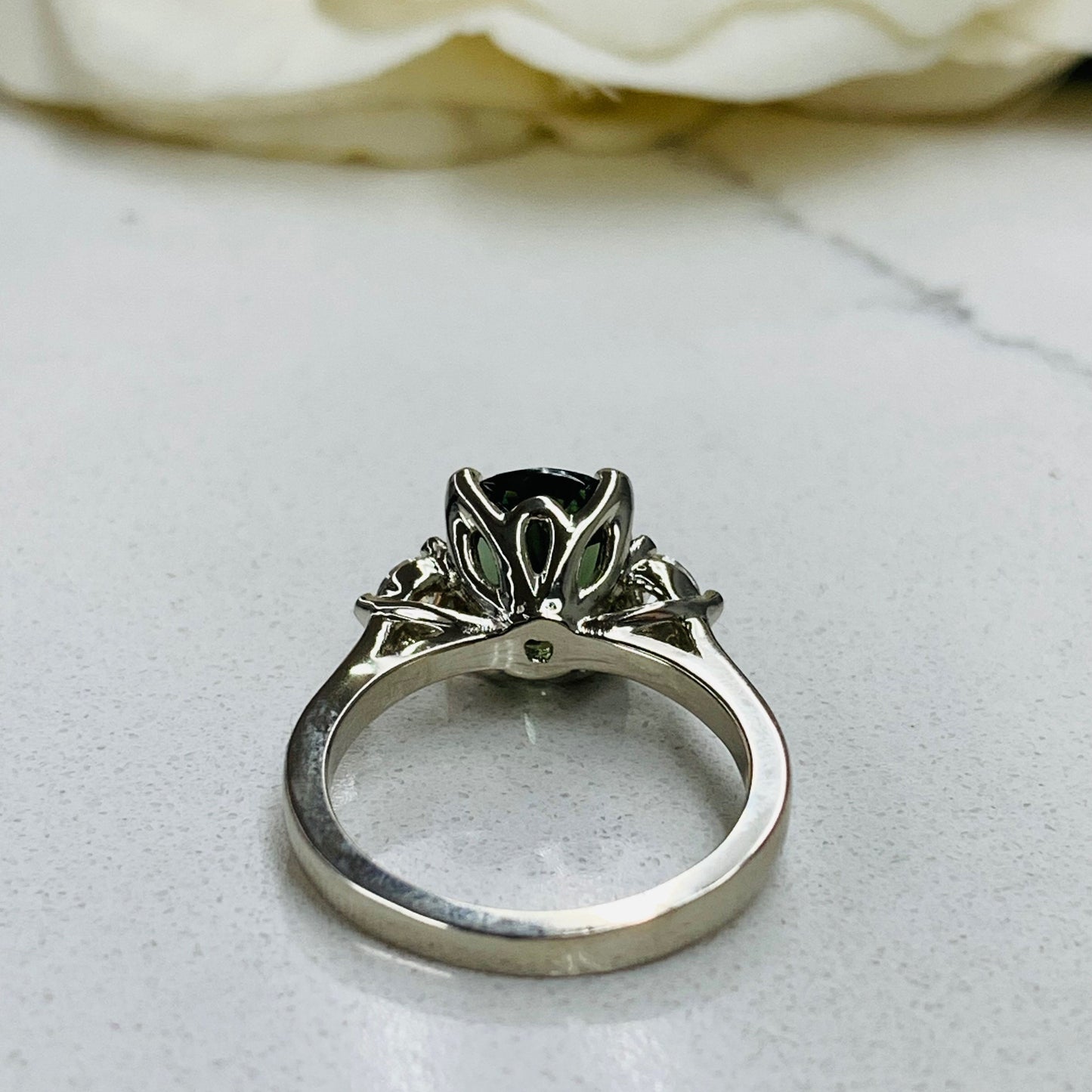 Cushion Cut Olive Green Sapphire Engagement Rings For Women 14K Solid White Gold, Unique Forest Green Sapphire Engagement Rings Gold,  #7199
