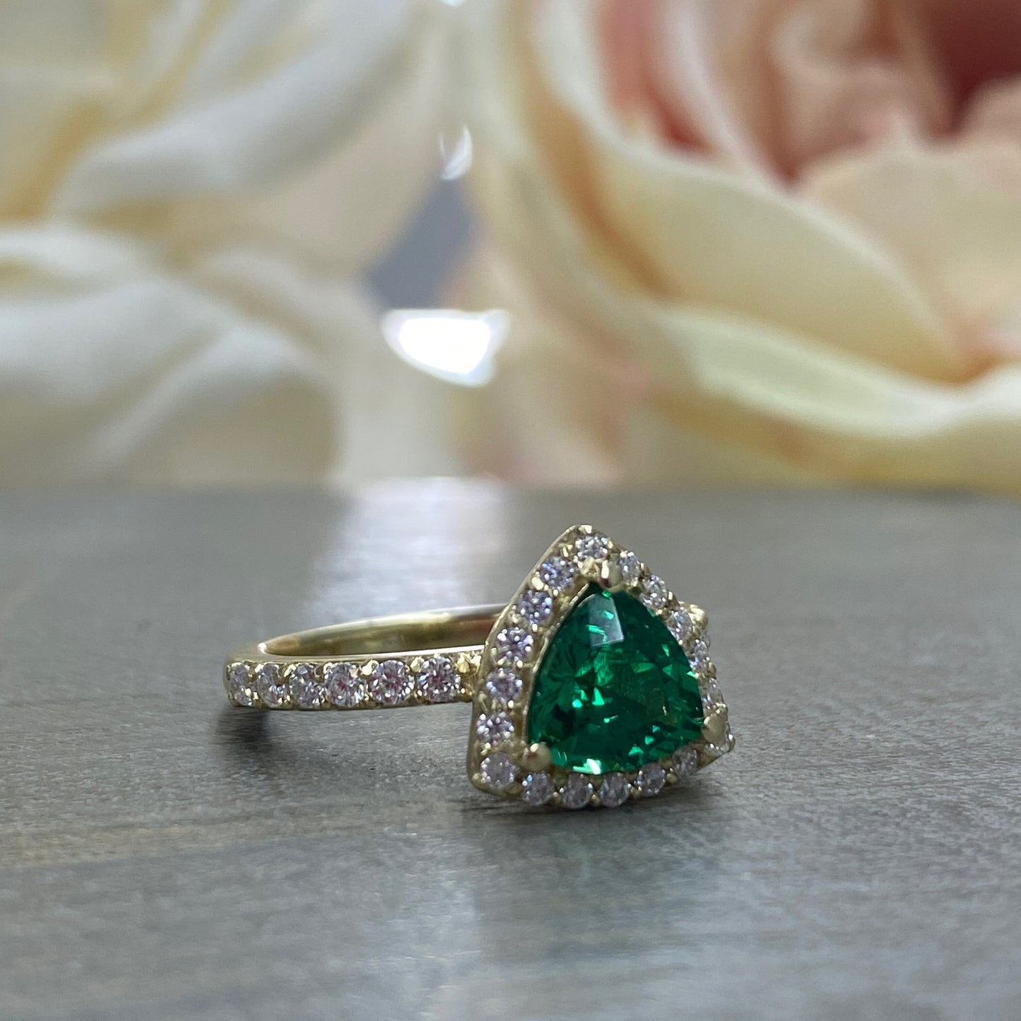 Triangle Gemstone Ring Setting, Trillion Cut Emerald Engagement Ring For Women, Unique Vintage Halo Engagement Rings 14K Solid Gold,  #7202