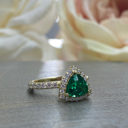 Triangle Gemstone Ring Setting, Trillion Cut Emerald Engagement Ring For Women, Unique Vintage Halo Engagement Rings 14K Solid Gold,  #7202