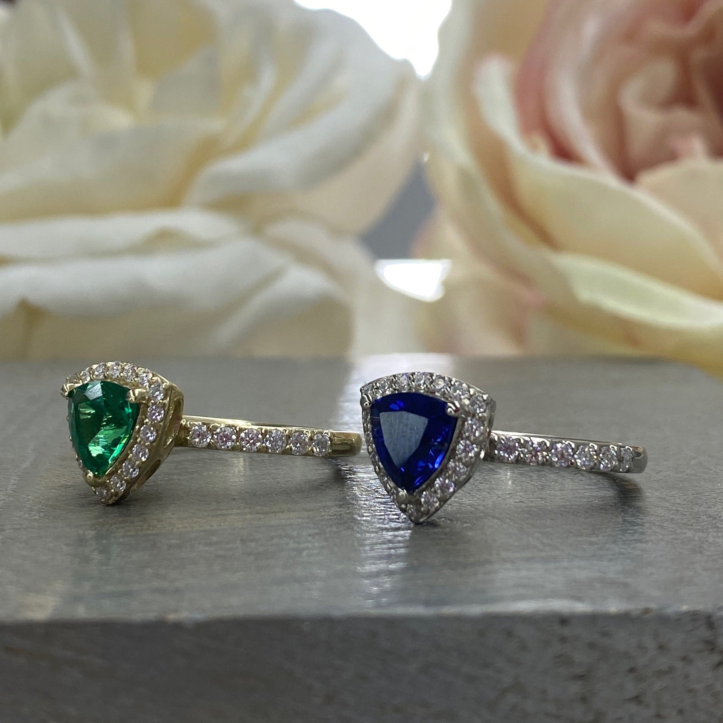 Triangle Gemstone Ring Setting, Trillion Cut Blue Sapphire Engagement Ring Women, Unique Vintage Halo Engagement Rings 14K Solid Gold, #7203