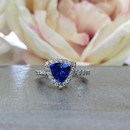 Triangle Gemstone Ring Setting, Trillion Cut Blue Sapphire Engagement Ring Women, Unique Vintage Halo Engagement Rings 14K Solid Gold, #7203