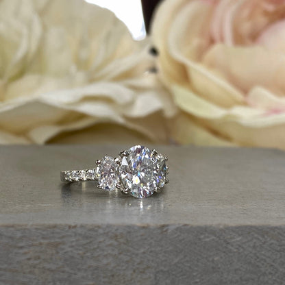 Moissanite Engagement Ring, Oval Three Stone Moissanite Ring, Moissanite Cluster Ring, Ladies Wedding Ring, Anniversary Gift, 14k Gold, 5378