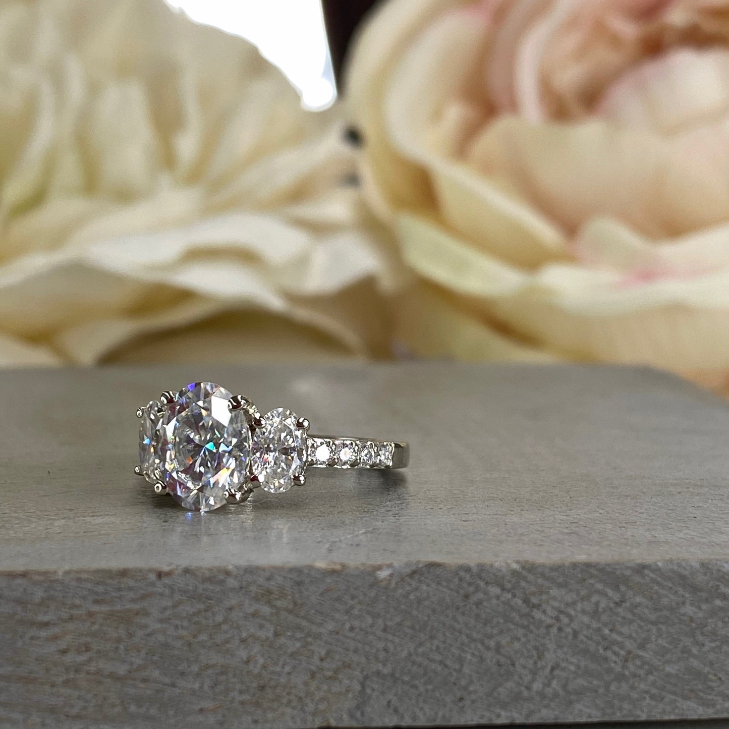 Moissanite Engagement Ring, Oval Three Stone Moissanite Ring, Moissanite Cluster Ring, Ladies Wedding Ring, Anniversary Gift, 14k Gold, 5378