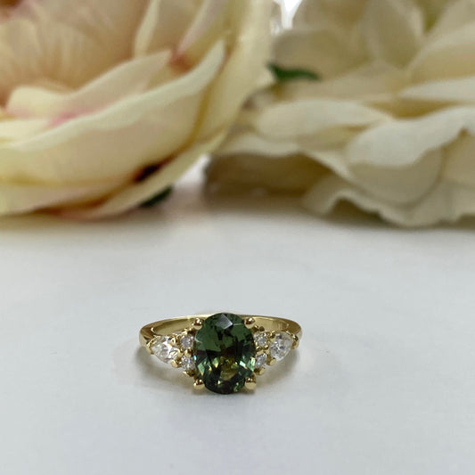 Oval Green Sapphire Engagement Ring 14K Solid Gold, Unique Vintage Oval Cluster Ring For Women, Olive Green Sapphire Engagement Rings, #7206