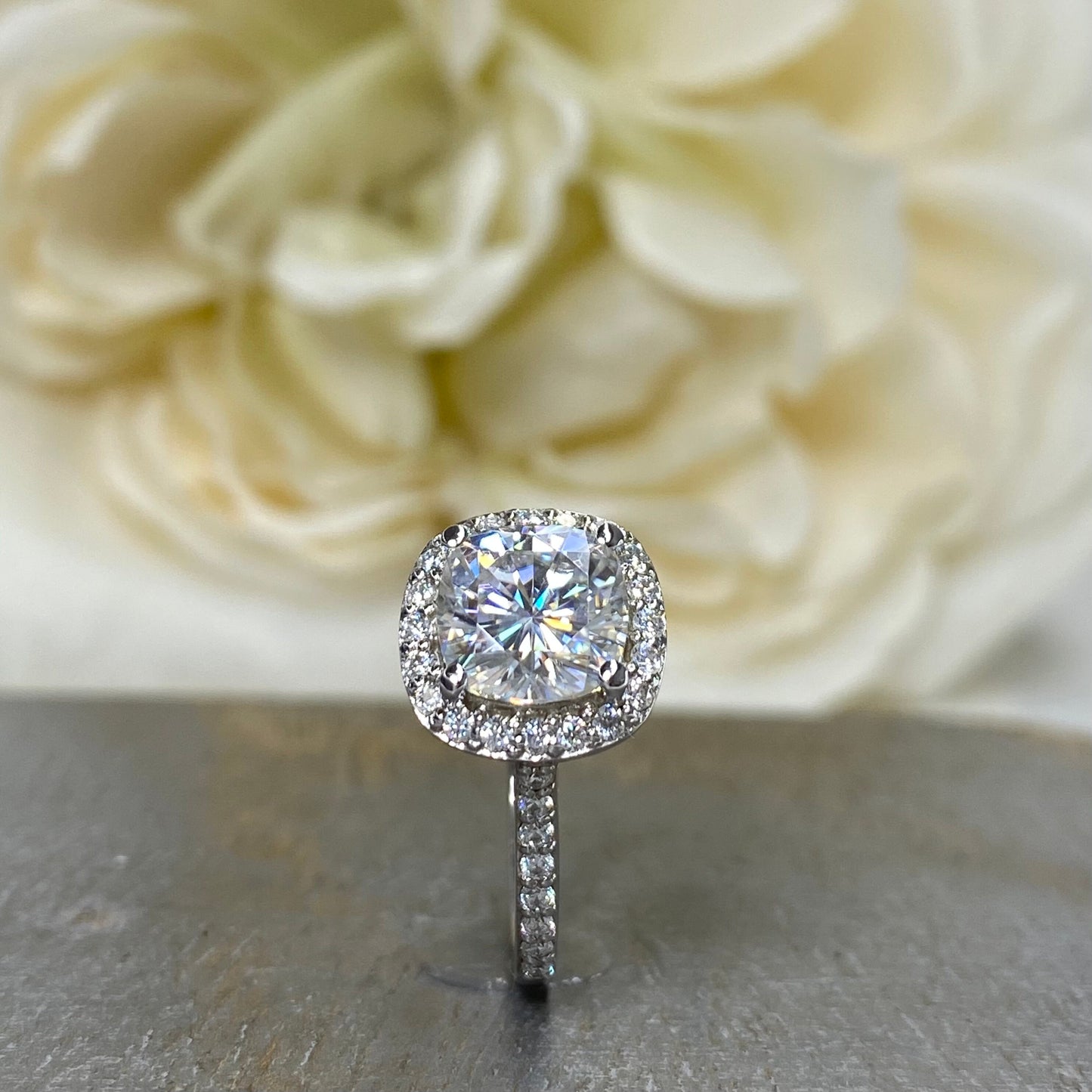 Cushion Cut Moissanite Engagement Ring 14k Solid White Gold, Cushion Halo Moissanite Antique Ring, Moissanite Wedding Ring #7227