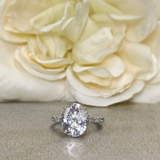 Oval Moissanite Engagement Ring 14K White Gold, Forever One Oval Moissanite Engagement Rings For Women, Hidden Halo Moissanite Rings, #7228