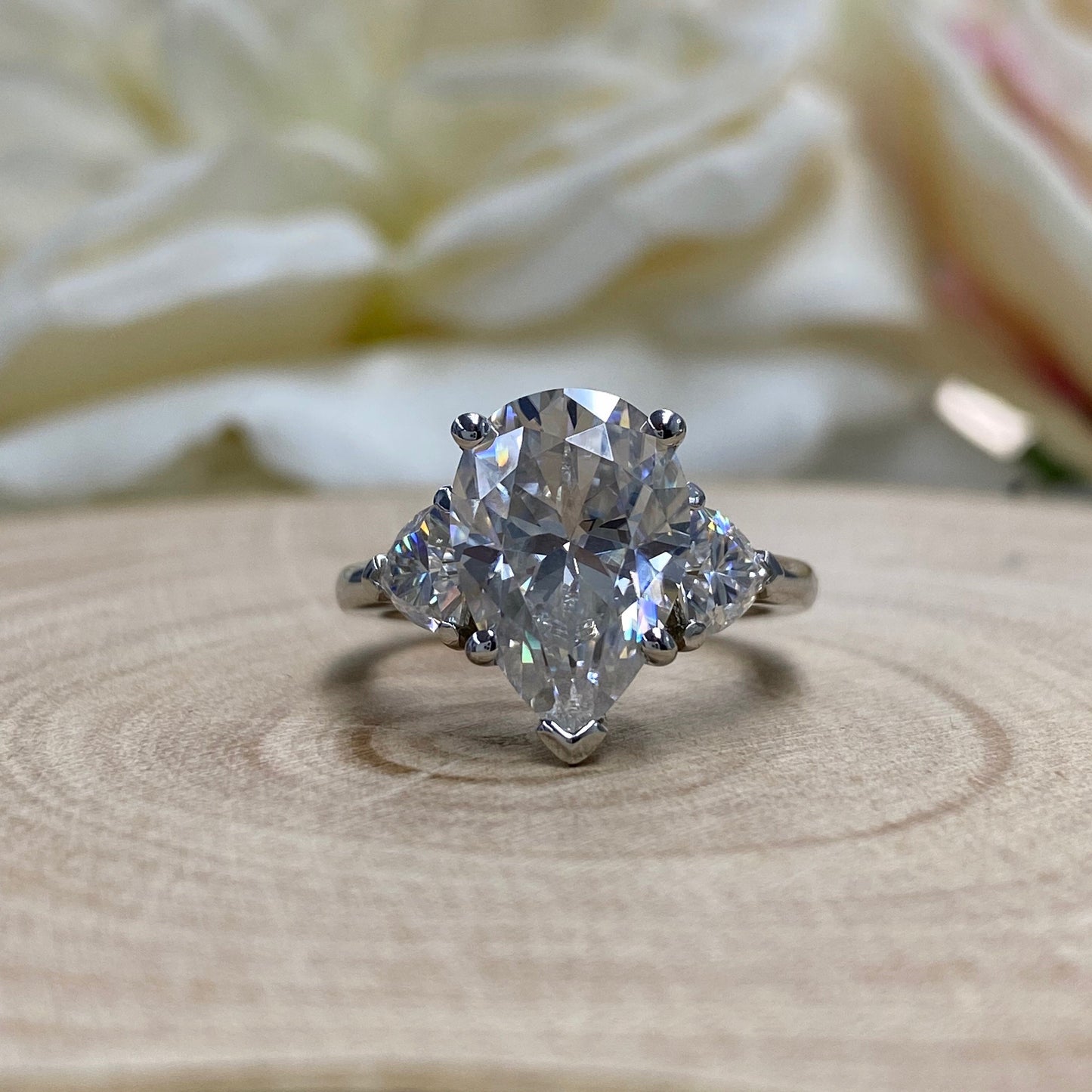 Pear Shaped Moissanite Engagement Ring 14K White Gold #5428,  Pear Cut Vintage Three Stone Moissanite Diamond  Engagement Ring For Women