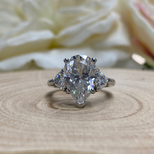 Pear Shaped Moissanite Engagement Ring 14K White Gold #5428,  Pear Cut Vintage Three Stone Moissanite Diamond  Engagement Ring For Women