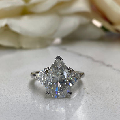 Pear Shaped Moissanite Engagement Ring 14K White Gold #5428,  Pear Cut Vintage Three Stone Moissanite Diamond  Engagement Ring For Women
