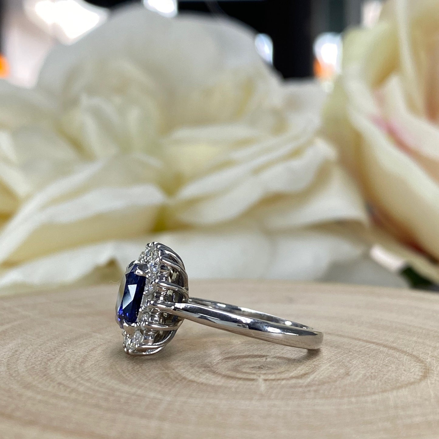 Blue Sapphire Cushion Cut And Diamond Halo Engagement Ring, 14k White Gold Blue Sapphire And Moissanite Halo Ladies Wedding Ring