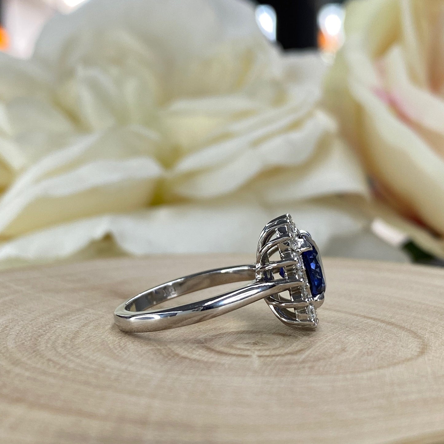 Blue Sapphire Cushion Cut And Diamond Halo Engagement Ring, 14k White Gold Blue Sapphire And Moissanite Halo Ladies Wedding Ring