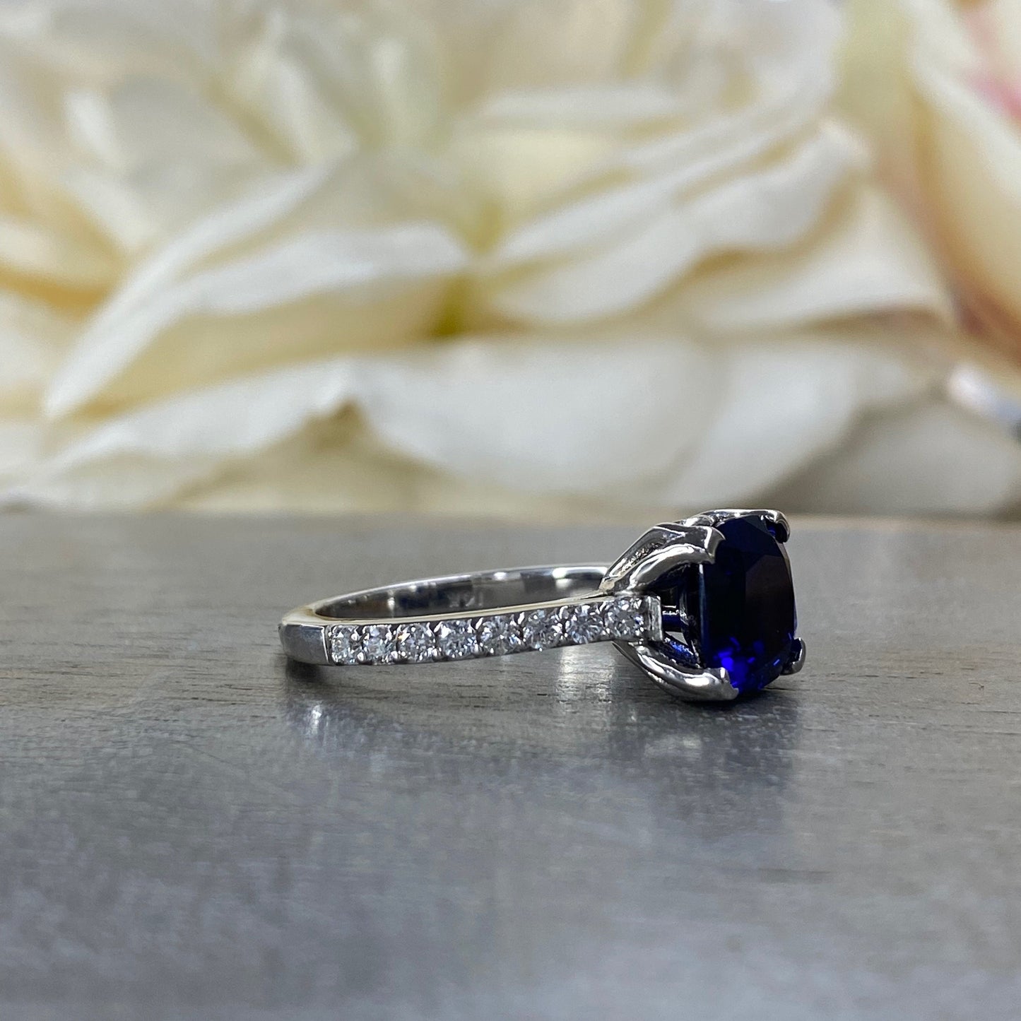 Blue Sapphire Ring Cushion Cut 14K  White Gold For Women, Blue Sapphire Engagement Ring, Cushion Cut Solitaire Sapphire Engagement Ring