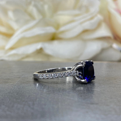 Blue Sapphire Ring Cushion Cut 14K  White Gold For Women, Blue Sapphire Engagement Ring, Cushion Cut Solitaire Sapphire Engagement Ring
