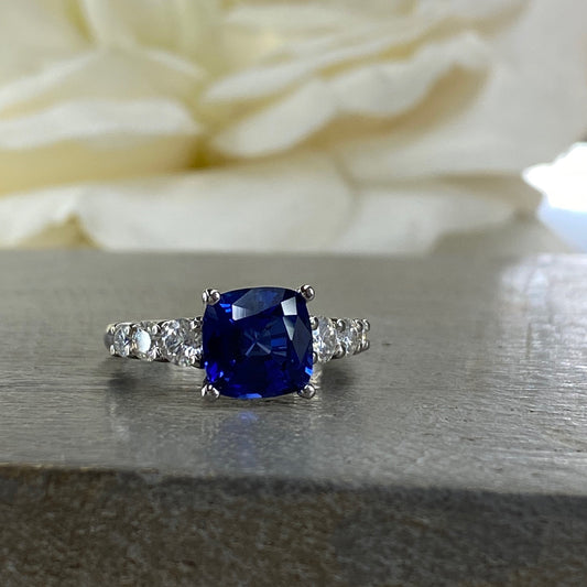 Blue Sapphire Ring Cushion Cut 14K White Gold For Women, Blue Sapphire Engagement Ring, Cushion Cut Solitaire Sapphire Engagement Ring