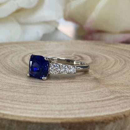 Blue Sapphire Ring Cushion Cut 14K White Gold For Women, Blue Sapphire Engagement Ring, Cushion Cut Solitaire Sapphire Engagement Ring