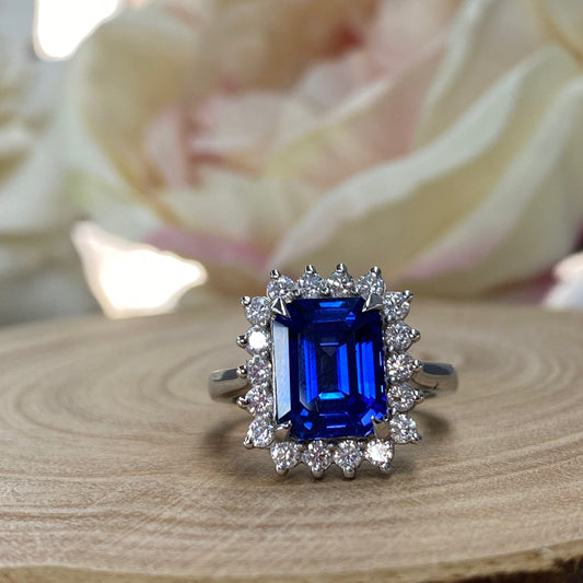 Blue Sapphire Engagement Rings For Women 14K White Gold, Unique Vintage Blue Sapphire Halo Engagement Ring, Emerald Cut Sapphire Rings