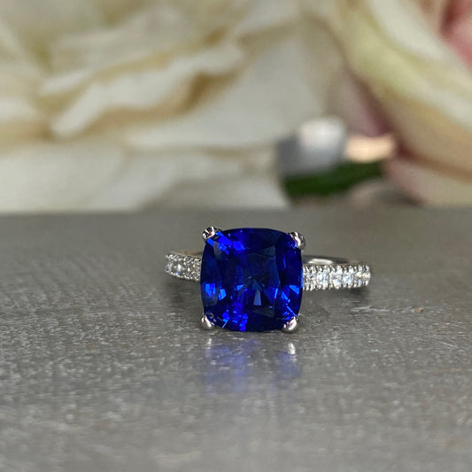 Blue Sapphire Ring Cushion Cut 14K  White Gold For Women, Blue Sapphire Engagement Ring, Cushion Cut Solitaire Sapphire Engagement Ring