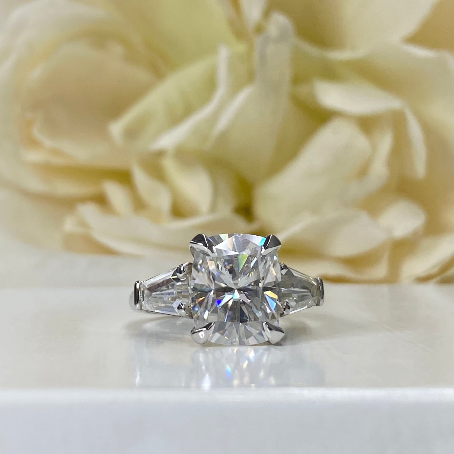 Certified Moissanite Elongated Cushion Cut Engagement Ring With Trapezoid Sides In 14K White Gold