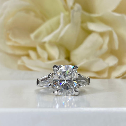 Certified Moissanite Elongated Cushion Cut Engagement Ring With Trapezoid Sides In 14K White Gold