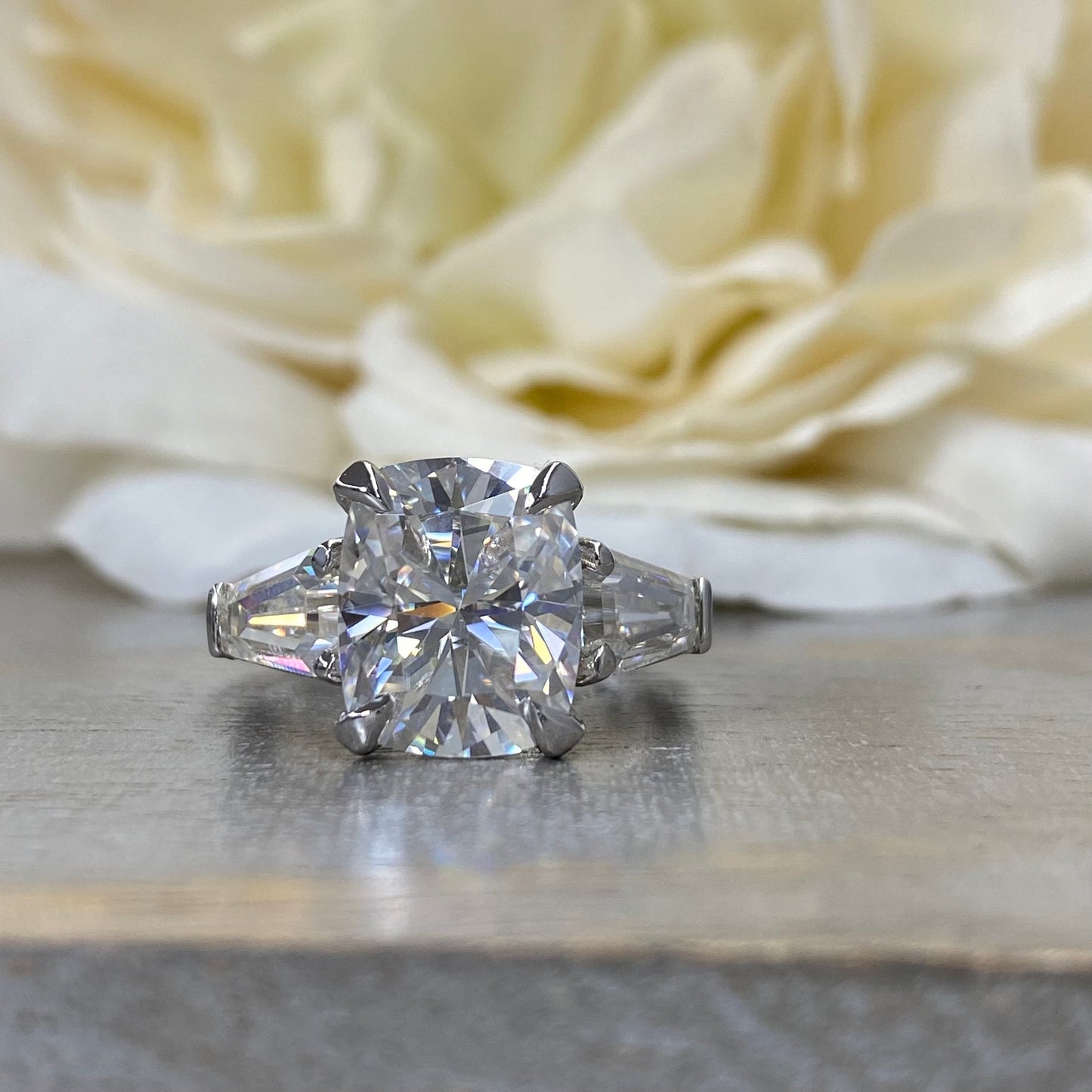Certified Moissanite Elongated Cushion Cut Engagement Ring With Trapezoid Sides In 14K White Gold