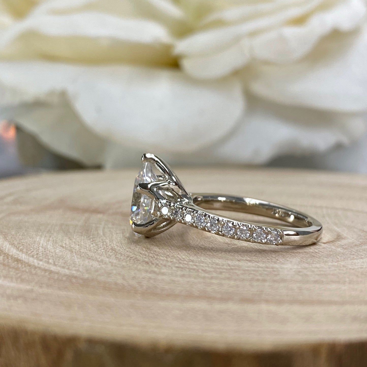 Moissanite Pear Shape Engagement Ring 14k White Gold, Pear Moissanite And Round Moissanite Wedding Ring, Ladies Tear Drop Shape Ring  #6833
