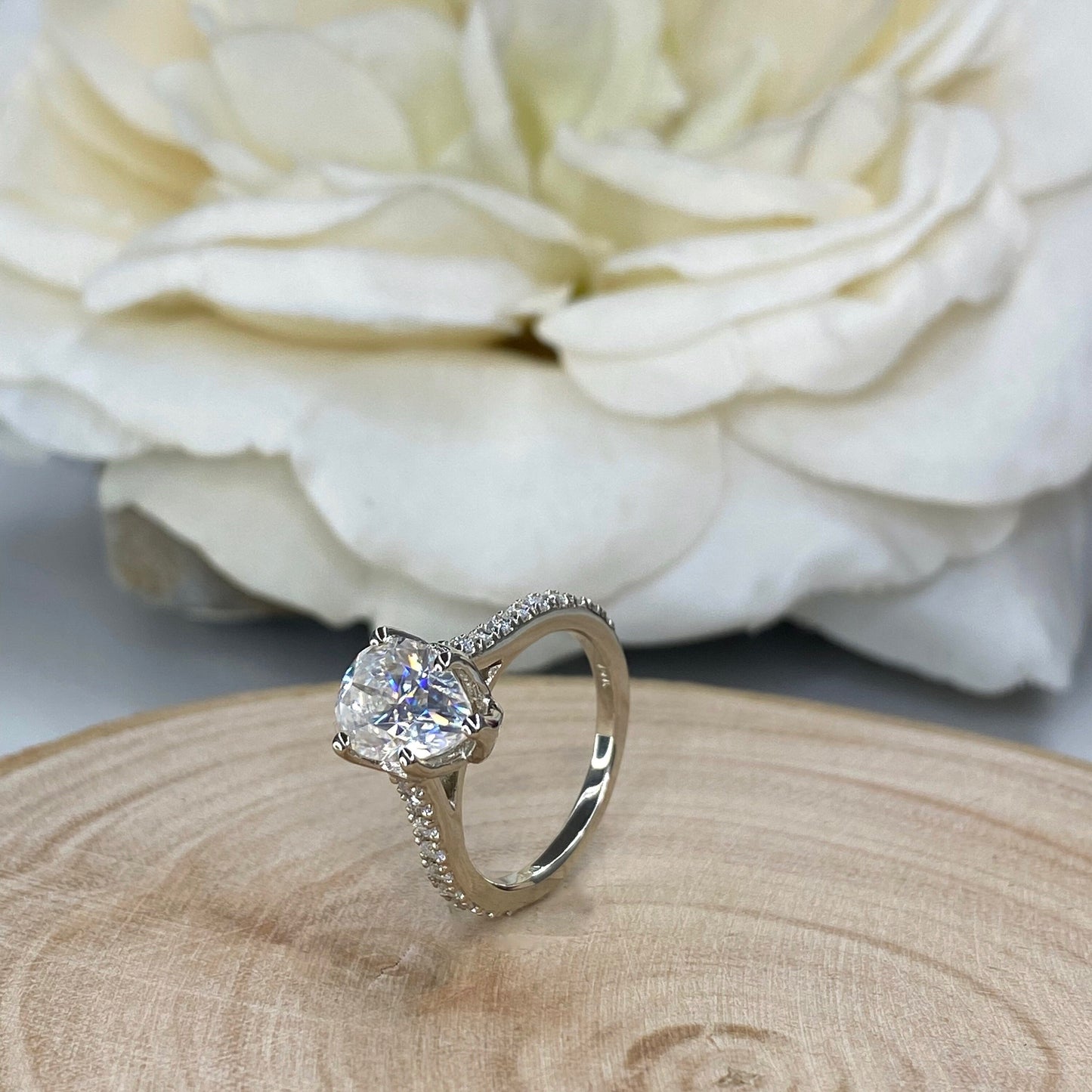 Moissanite Pear Shape Engagement Ring 14k White Gold, Pear Moissanite And Round Moissanite Wedding Ring, Ladies Tear Drop Shape Ring  #6833