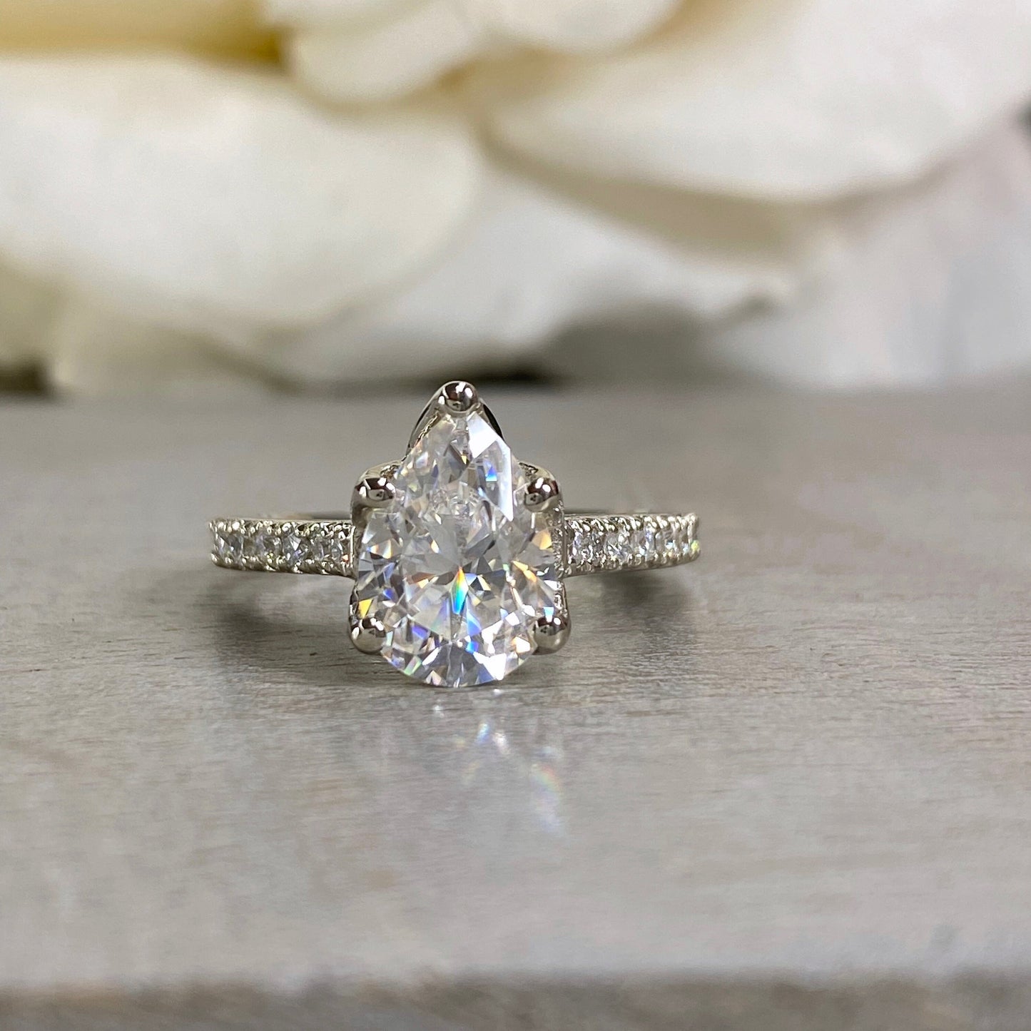 Moissanite Pear Shape Engagement Ring 14k White Gold, Pear Moissanite And Round Moissanite Wedding Ring, Ladies Tear Drop Shape Ring  #6833