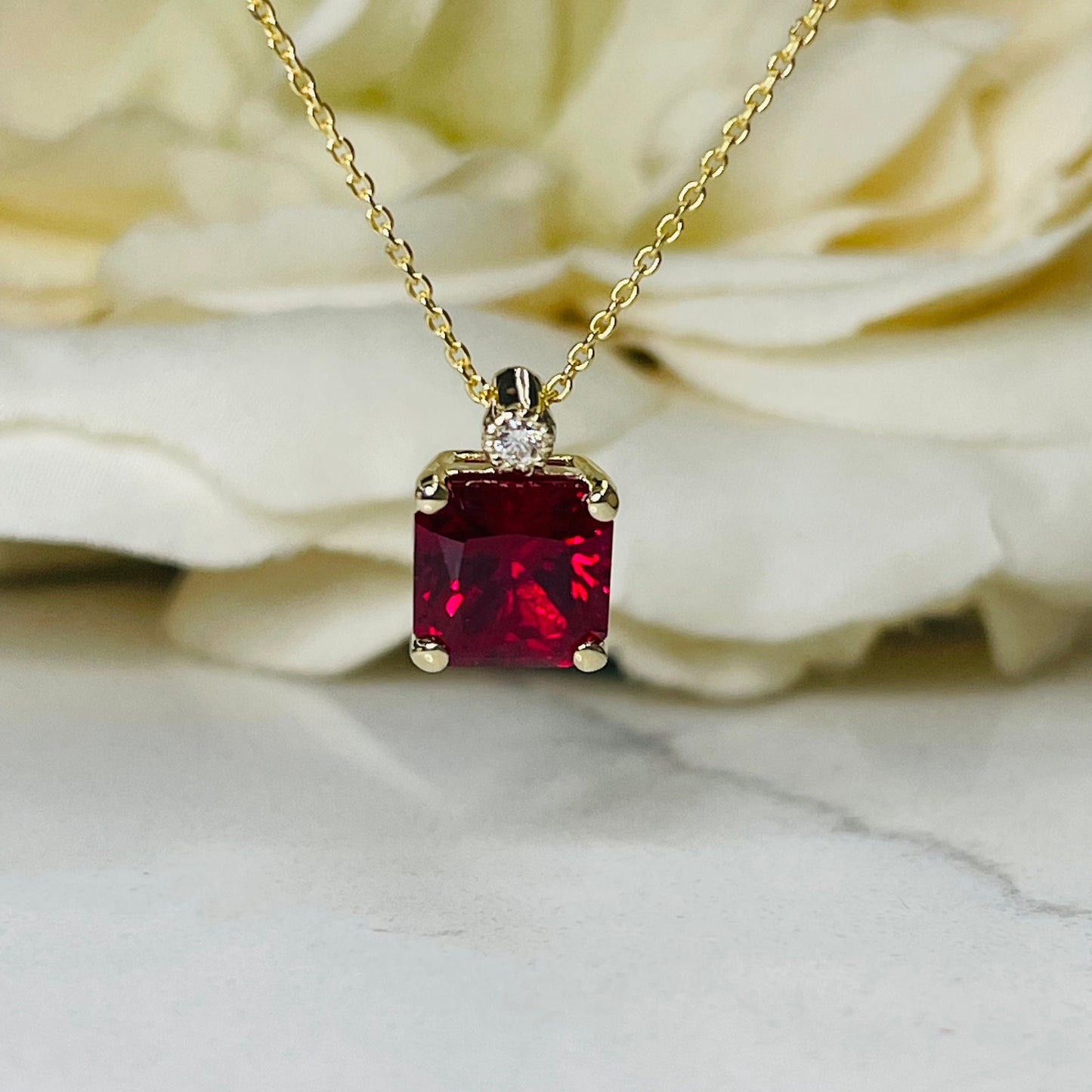 Radiant Cut Ruby And Diamond Pendant Necklace, 14k Yellow Gold Ruby and Diamond Necklace, July Birthstone Pendant Necklace For Ladies  #6337