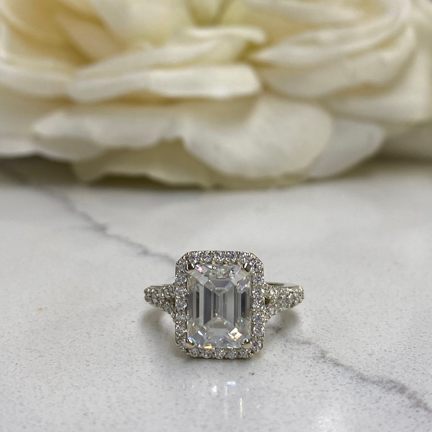 Certified Moissanite Emerald Cut With Halo Engagement  Ring, Promise  Ring, Wedding Ring 14K White Gold