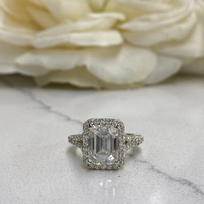 Certified Moissanite Emerald Cut With Halo Engagement  Ring, Promise  Ring, Wedding Ring 14K White Gold