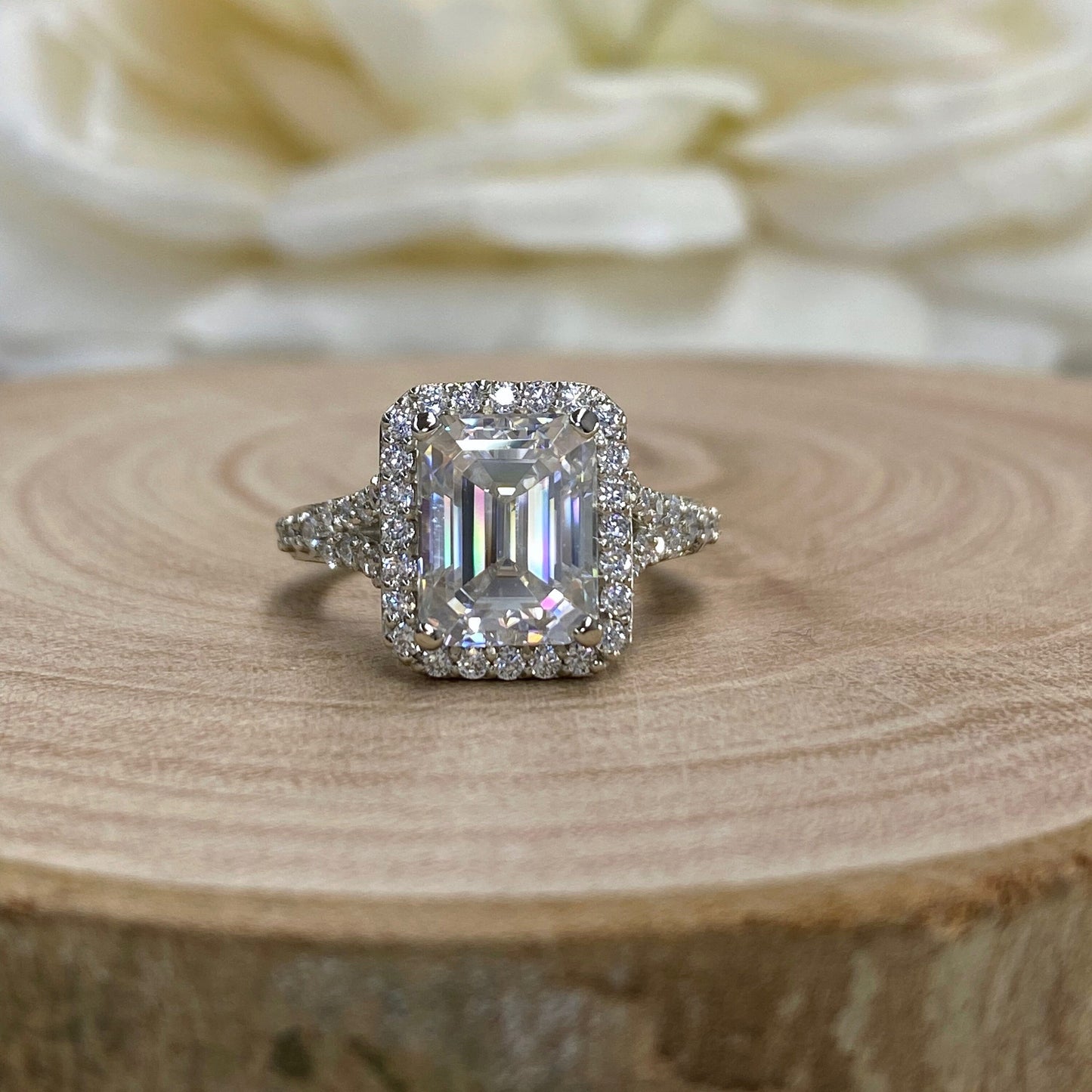 Certified Moissanite Emerald Cut With Halo Engagement  Ring, Promise  Ring, Wedding Ring 14K White Gold