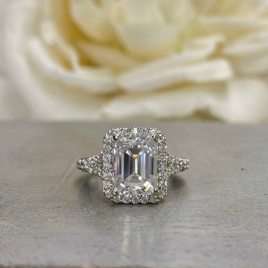 Certified Moissanite Emerald Cut With Halo Engagement  Ring, Promise  Ring, Wedding Ring 14K White Gold