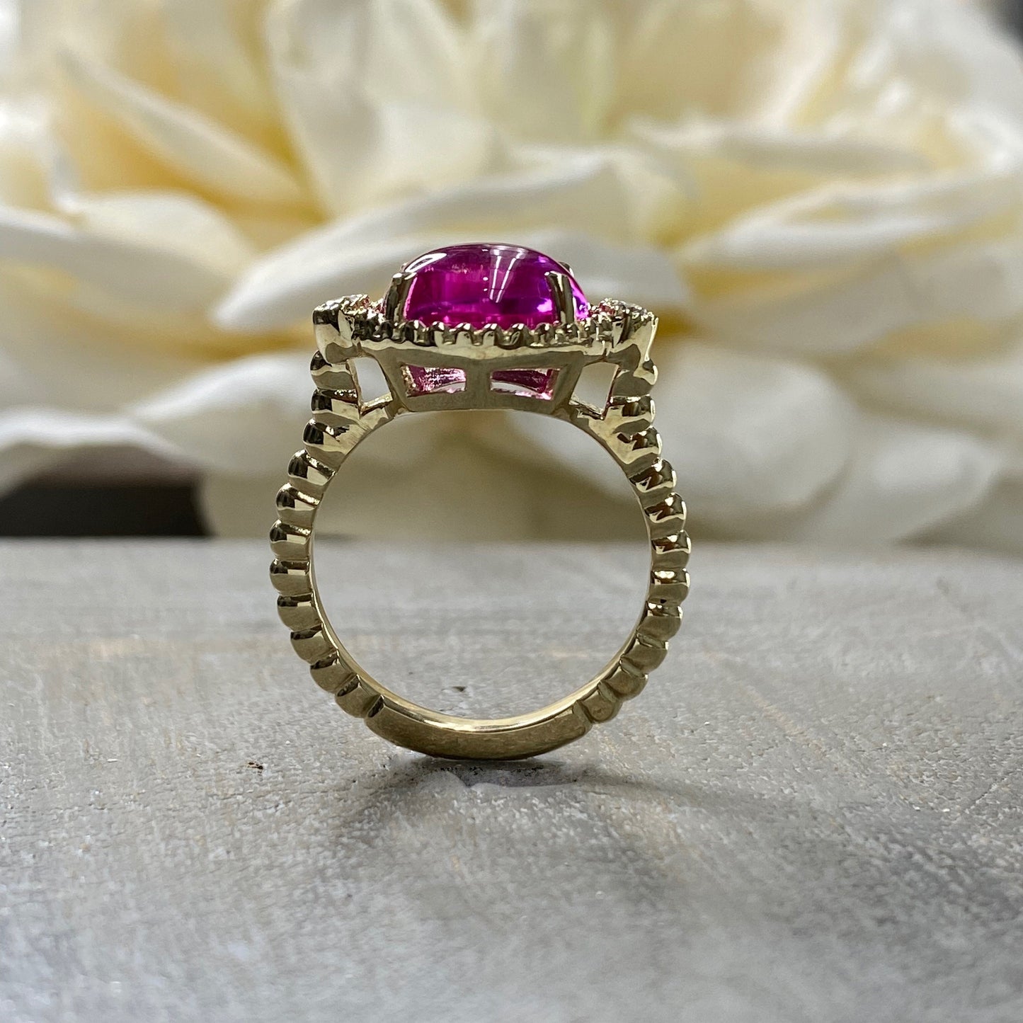 Oval Pink Engagement Ring 14K Yellow Gold Pink Sapphire Three Stone Ring For Women, Unique Cabochon Pink Sapphire Engagement Rings, #7217