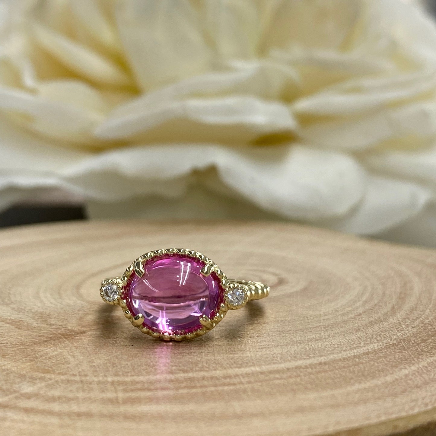 Oval Pink Engagement Ring 14K Yellow Gold Pink Sapphire Three Stone Ring For Women, Unique Cabochon Pink Sapphire Engagement Rings, #7217
