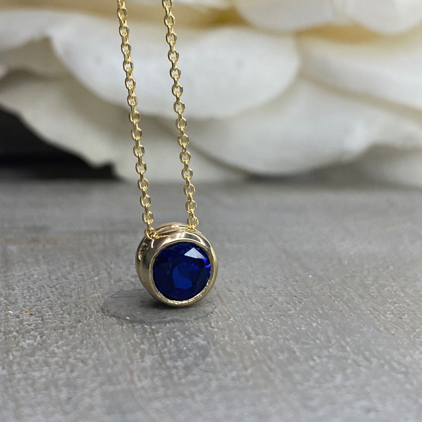 Round Blue Sapphire Floating Pendant Necklace, September Birthstone Sapphire Pendant, 14k Gold Blue Sapphire Round Bezel Necklace      #5871