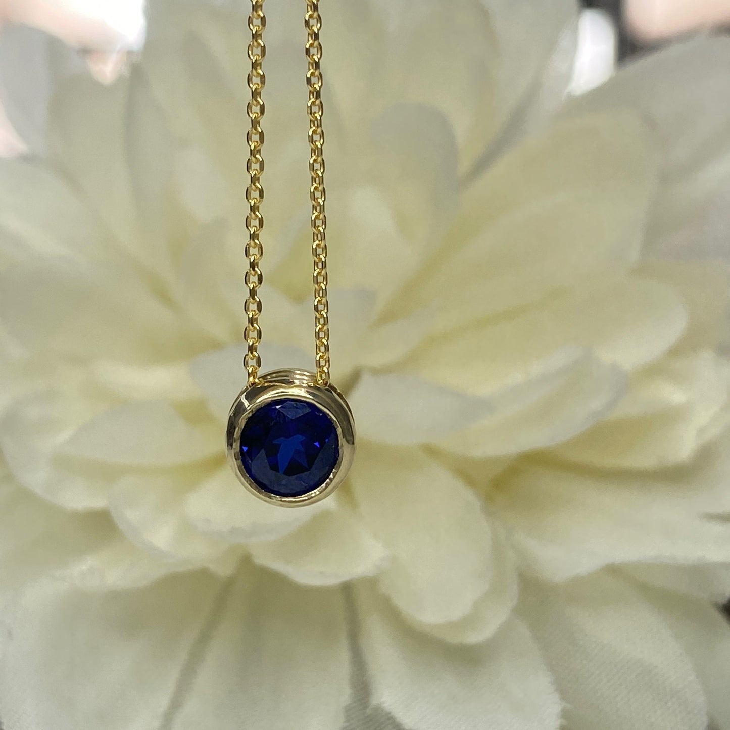 Round Blue Sapphire Floating Pendant Necklace, September Birthstone Sapphire Pendant, 14k Gold Blue Sapphire Round Bezel Necklace      #5871