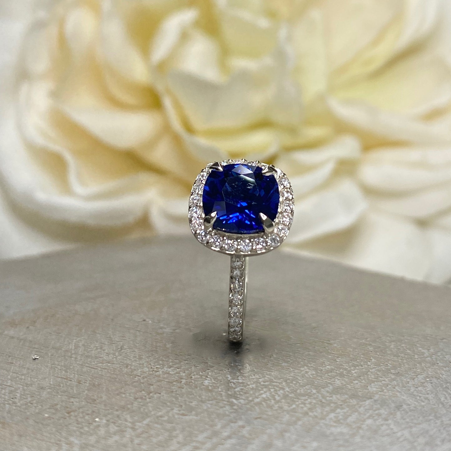 Cushion Cut Blue Sapphire Engagement Ring, Halo Sapphire Ring With Round Diamond Accents, Moissanite Ring, 14K White Gold # 5891 #6799