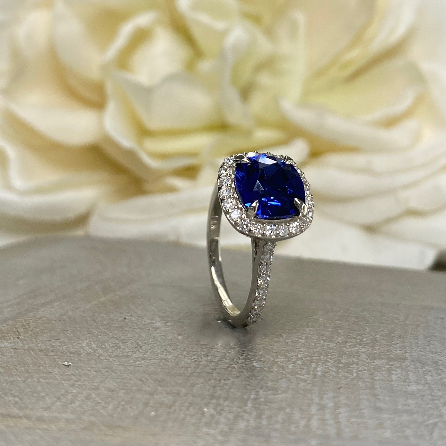 Cushion Cut Blue Sapphire Engagement Ring, Halo Sapphire Ring With Round Diamond Accents, Moissanite Ring, 14K White Gold # 5891 #6799