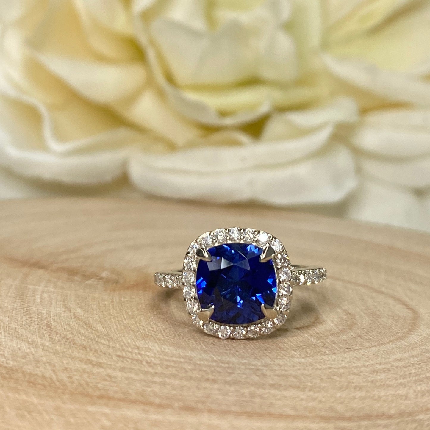 Cushion Cut Blue Sapphire Engagement Ring, Halo Sapphire Ring With Round Diamond Accents, Moissanite Ring, 14K White Gold # 5891 #6799