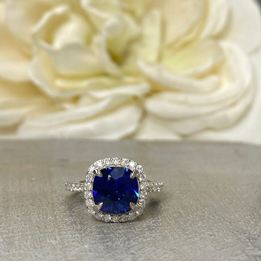 Cushion Cut Blue Sapphire Engagement Ring, Halo Sapphire Ring With Round Diamond Accents, Moissanite Ring, 14K White Gold # 5891 #6799
